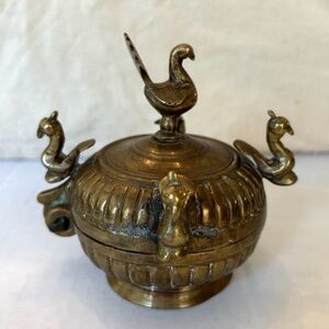 Antique Vintage Indian Cast Bronze Covered Box Peacock Decoration Incense